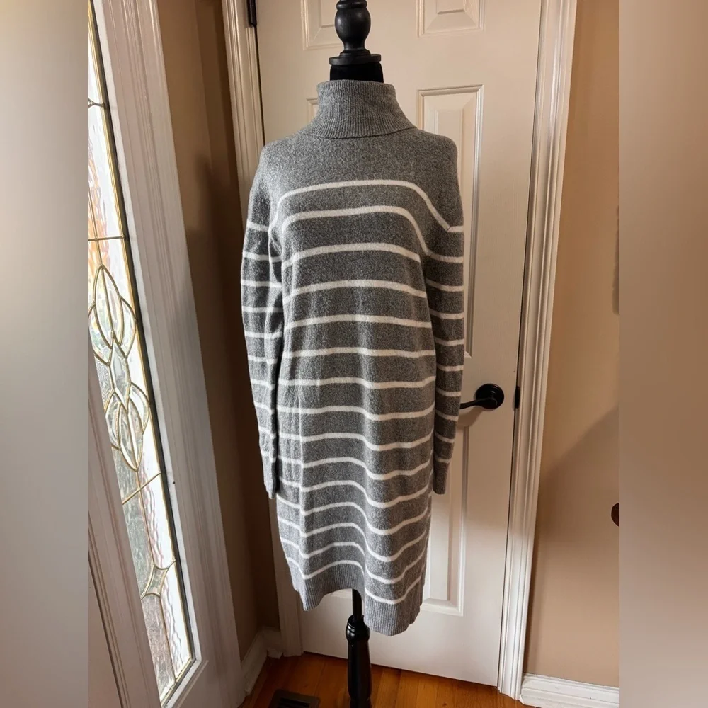 J. Crew Heather Gray and White Striped Knit Turtleneck Sweater Dress size Large